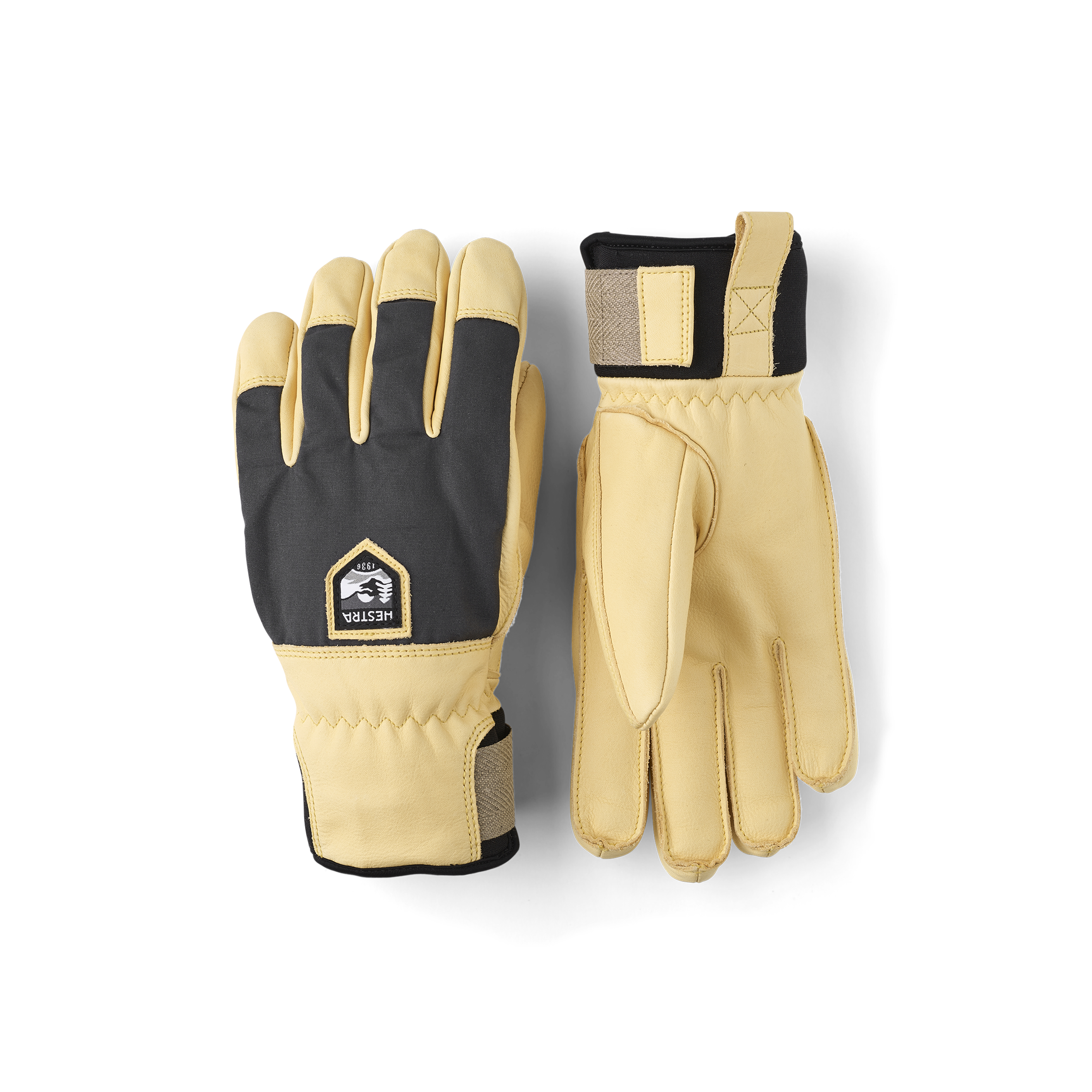 Yellow cow hide ski glove with gray fabric back