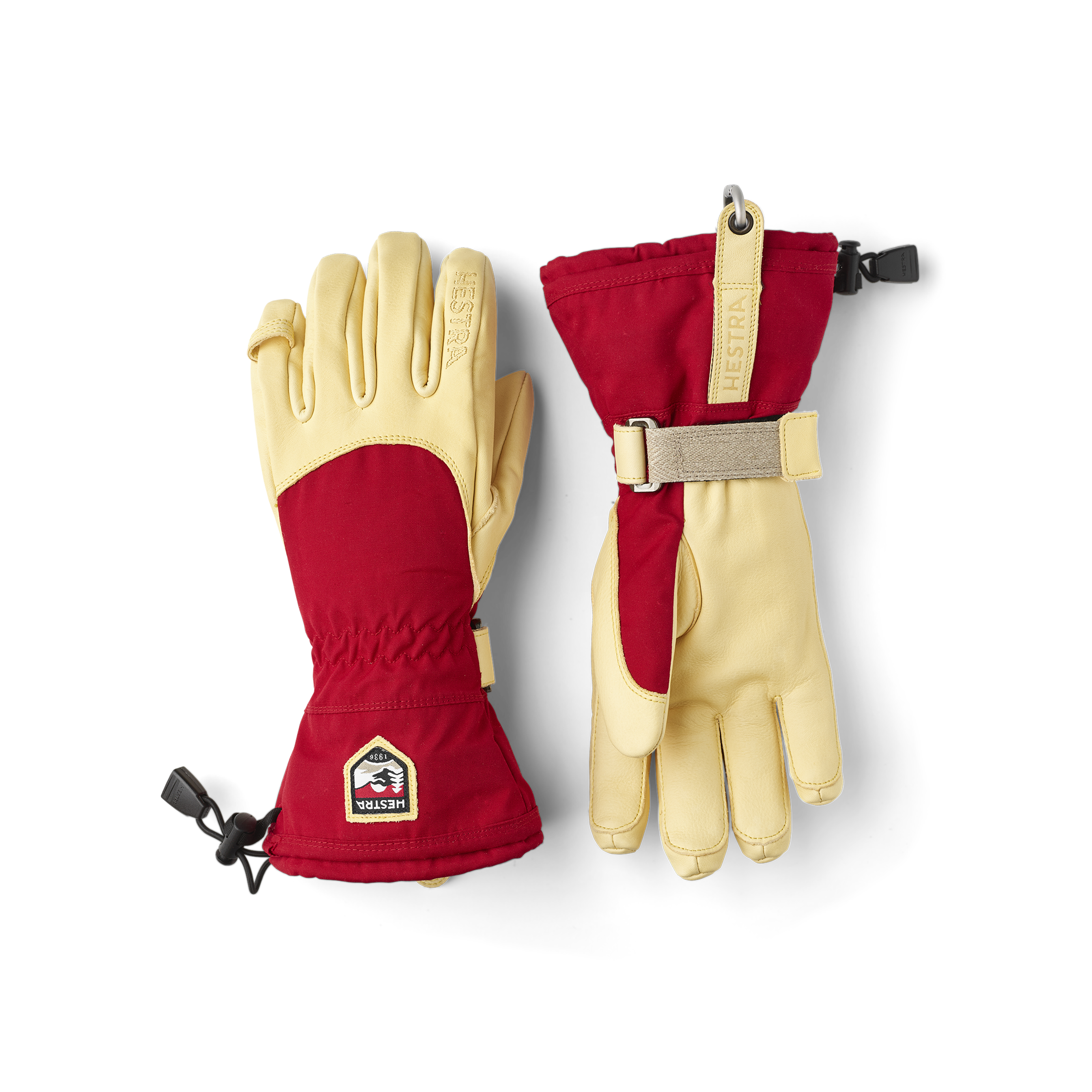 Red ski glove with yellow cow hide palm