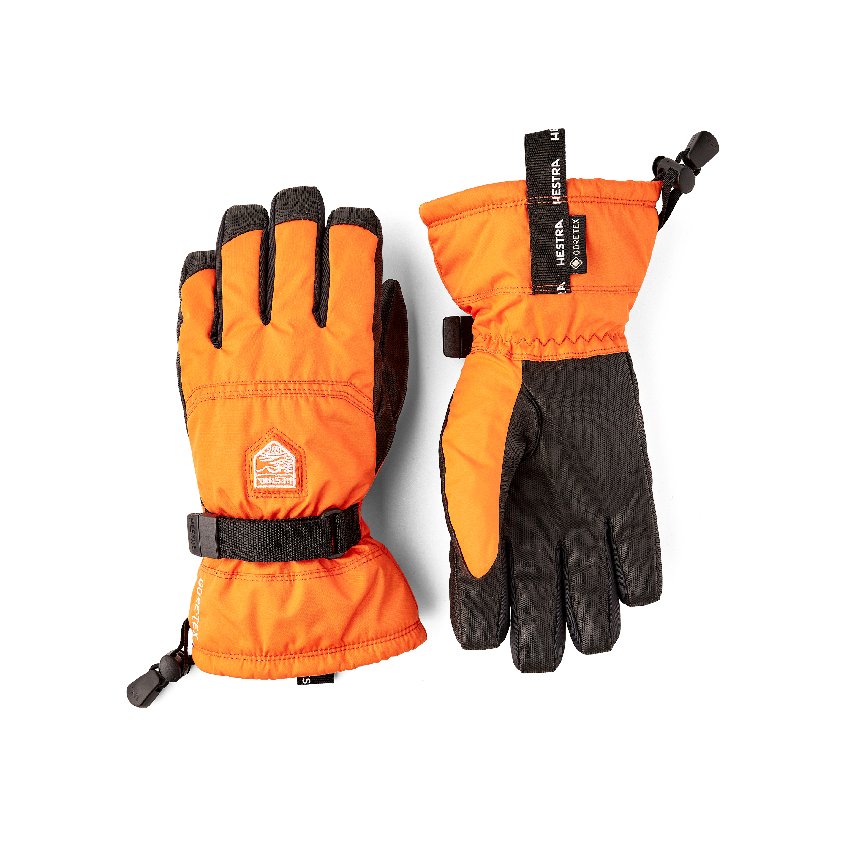 Orange fabric children’s glove with black synthetic palm and wrist adjustment