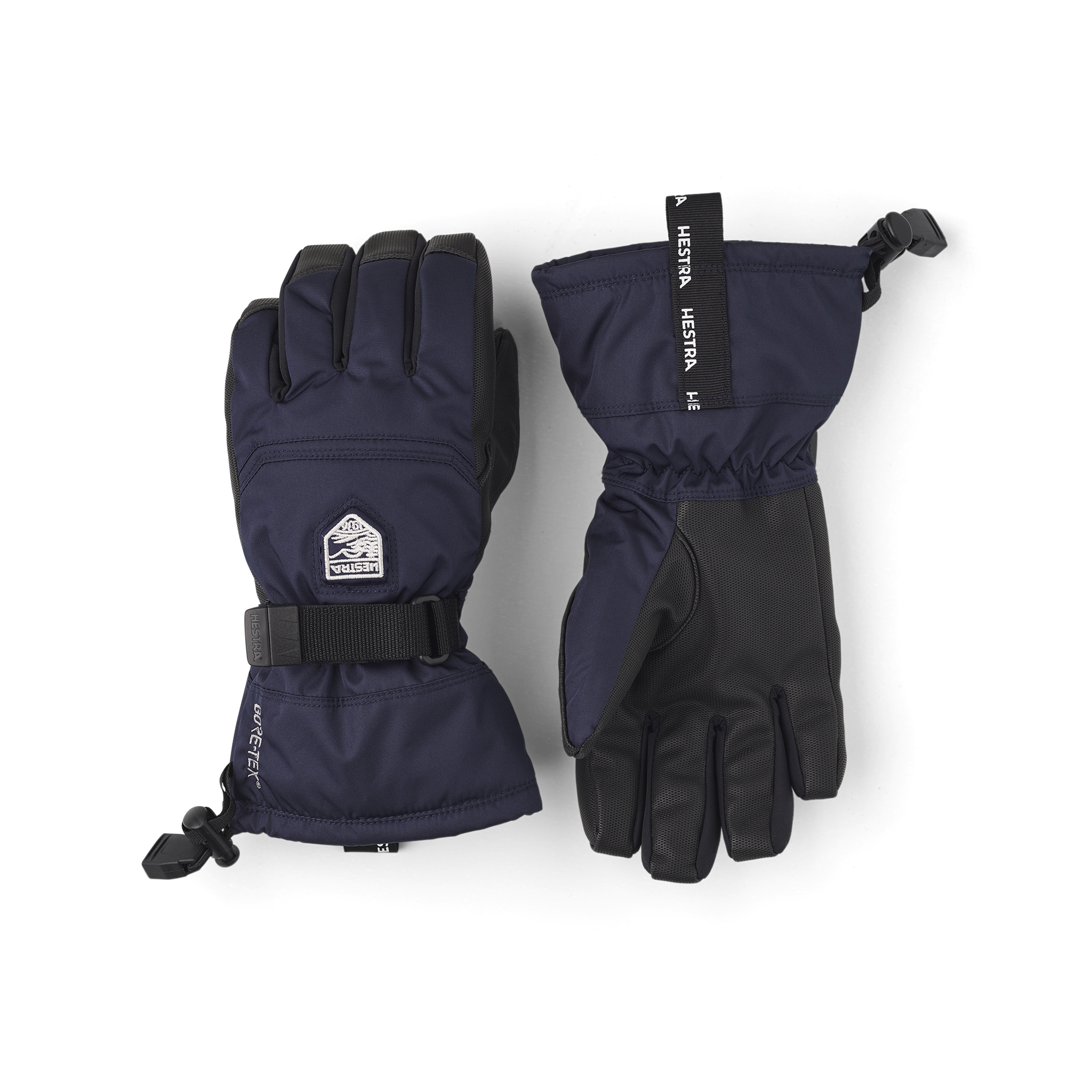 Dark blue fabric children’s glove with black synthetic palm and wrist adjustment