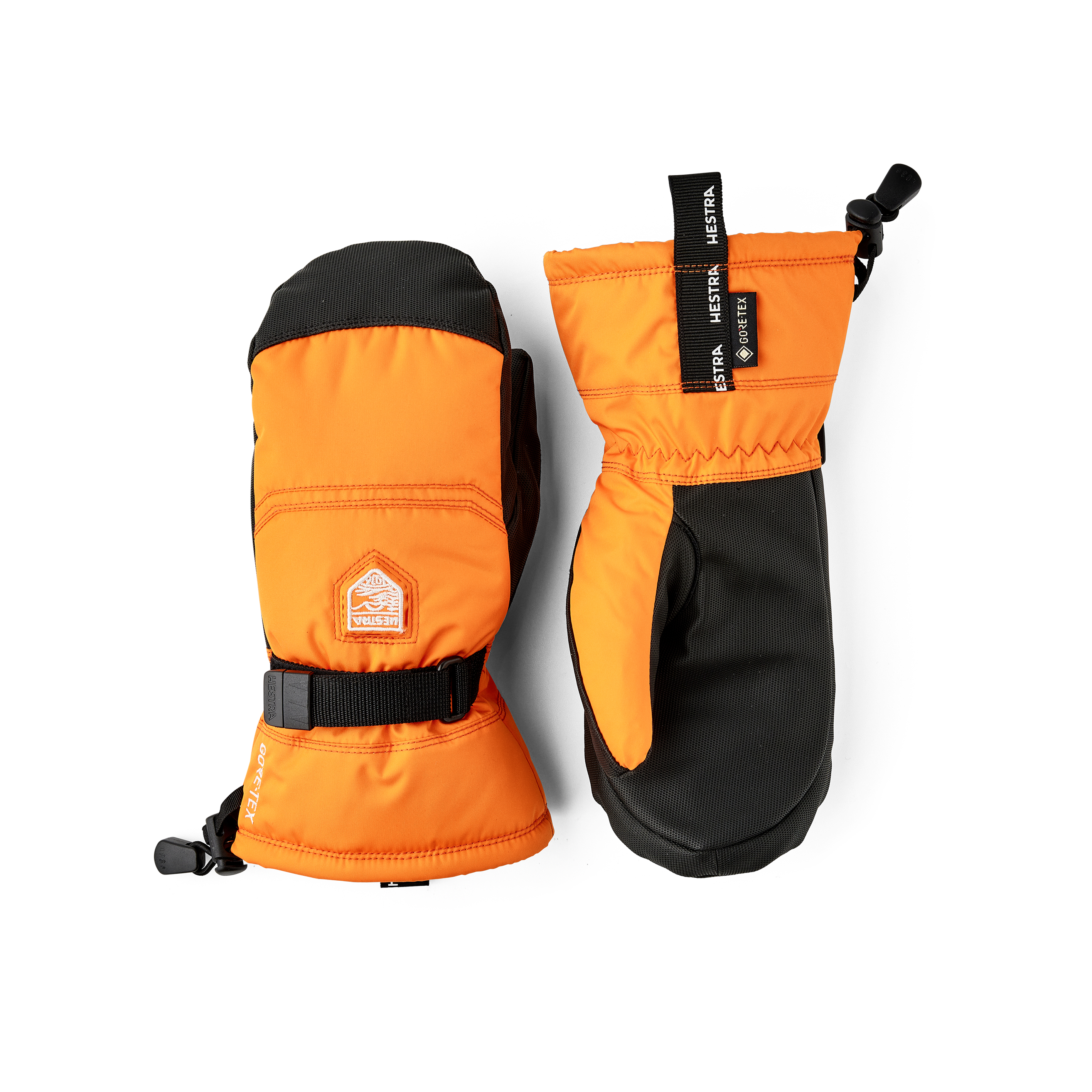 Orange fabric mitten with black synthetic palm and wrist adjustment