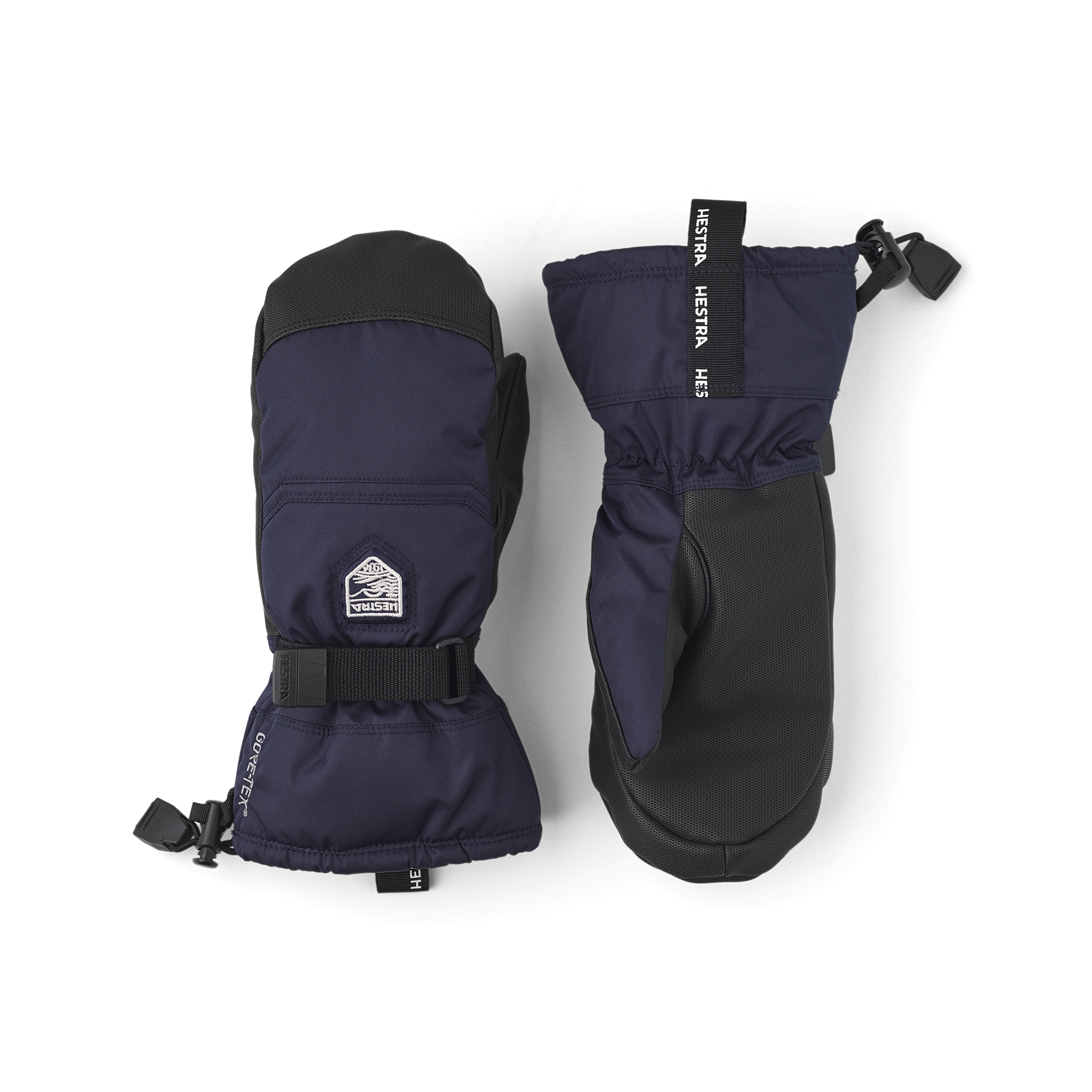 Dark blue fabric mitten with black synthetic palm and wrist adjustment