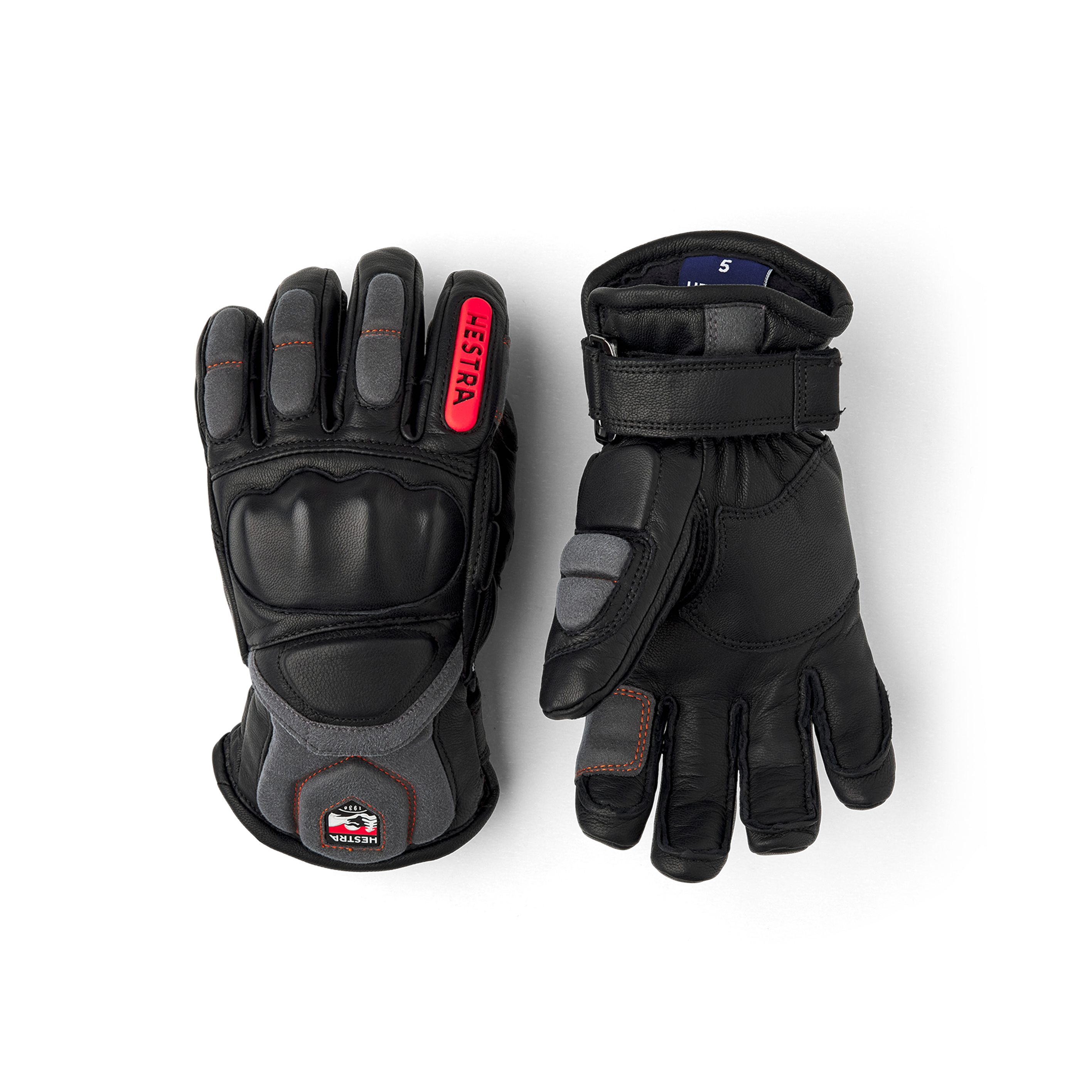 Black ski glove with gray and red goat leather details and synthetic suede palm