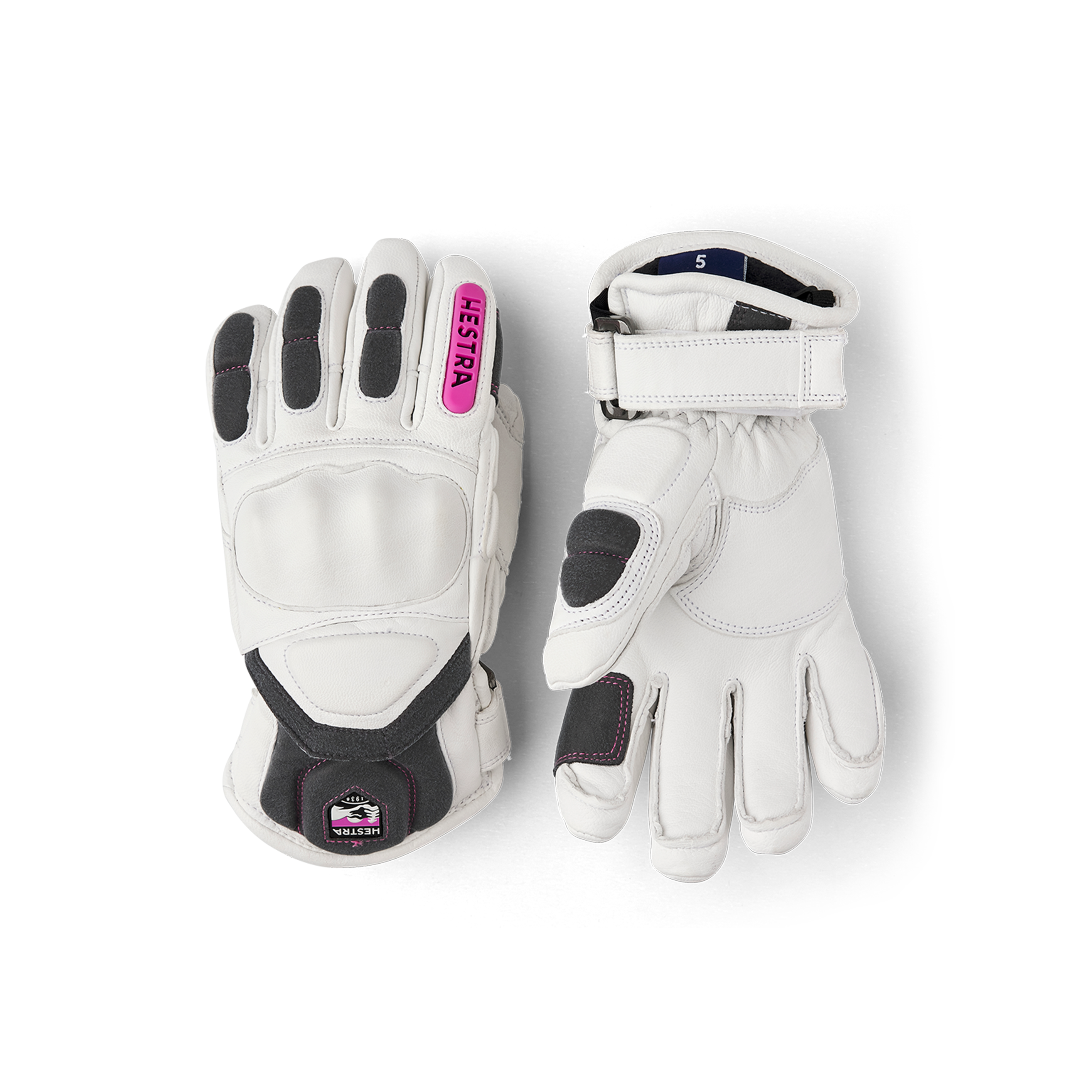 White ski glove with gray and pink goat leather details and synthetic suede palm