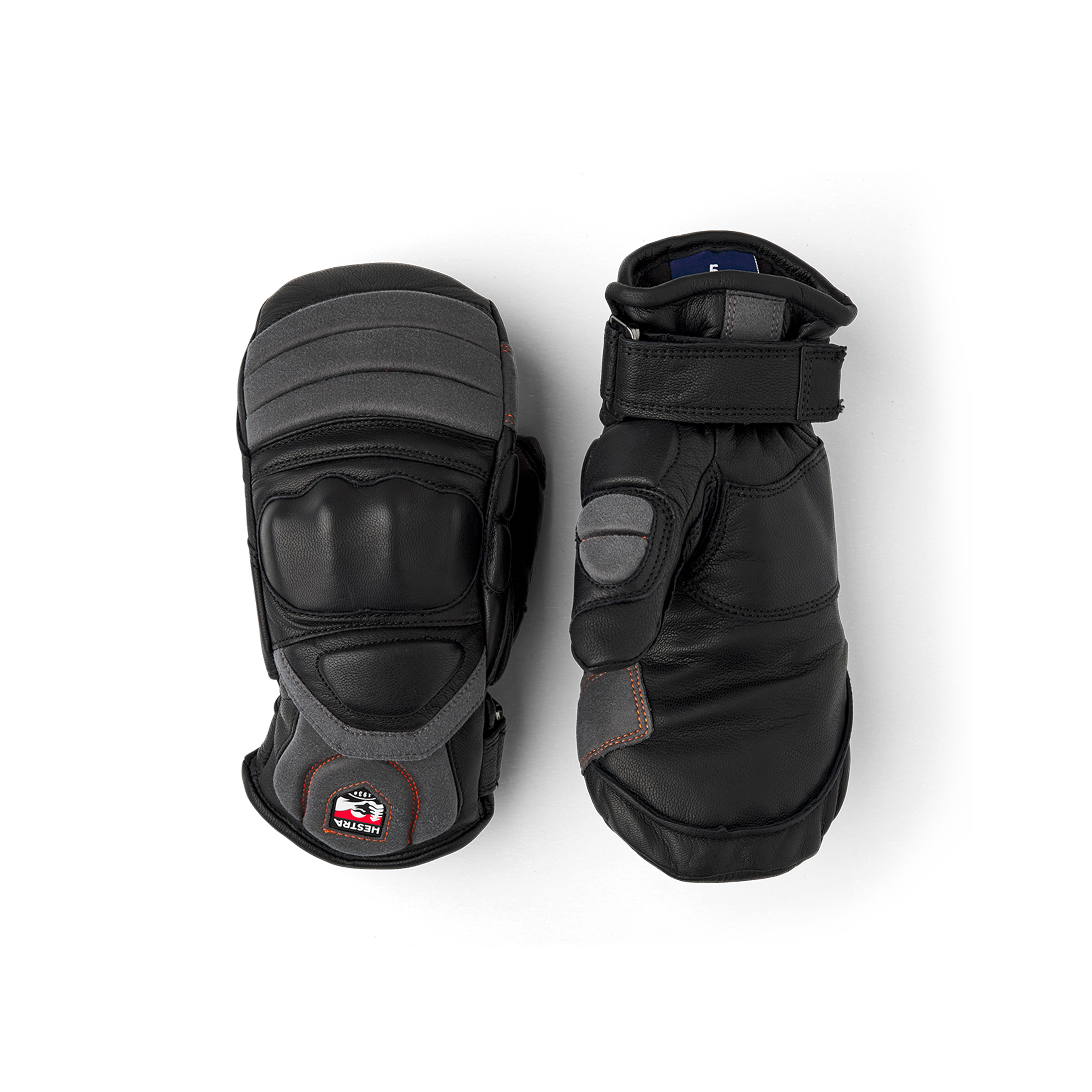 Black mitten with gray and red goat leather details and synthetic suede palm