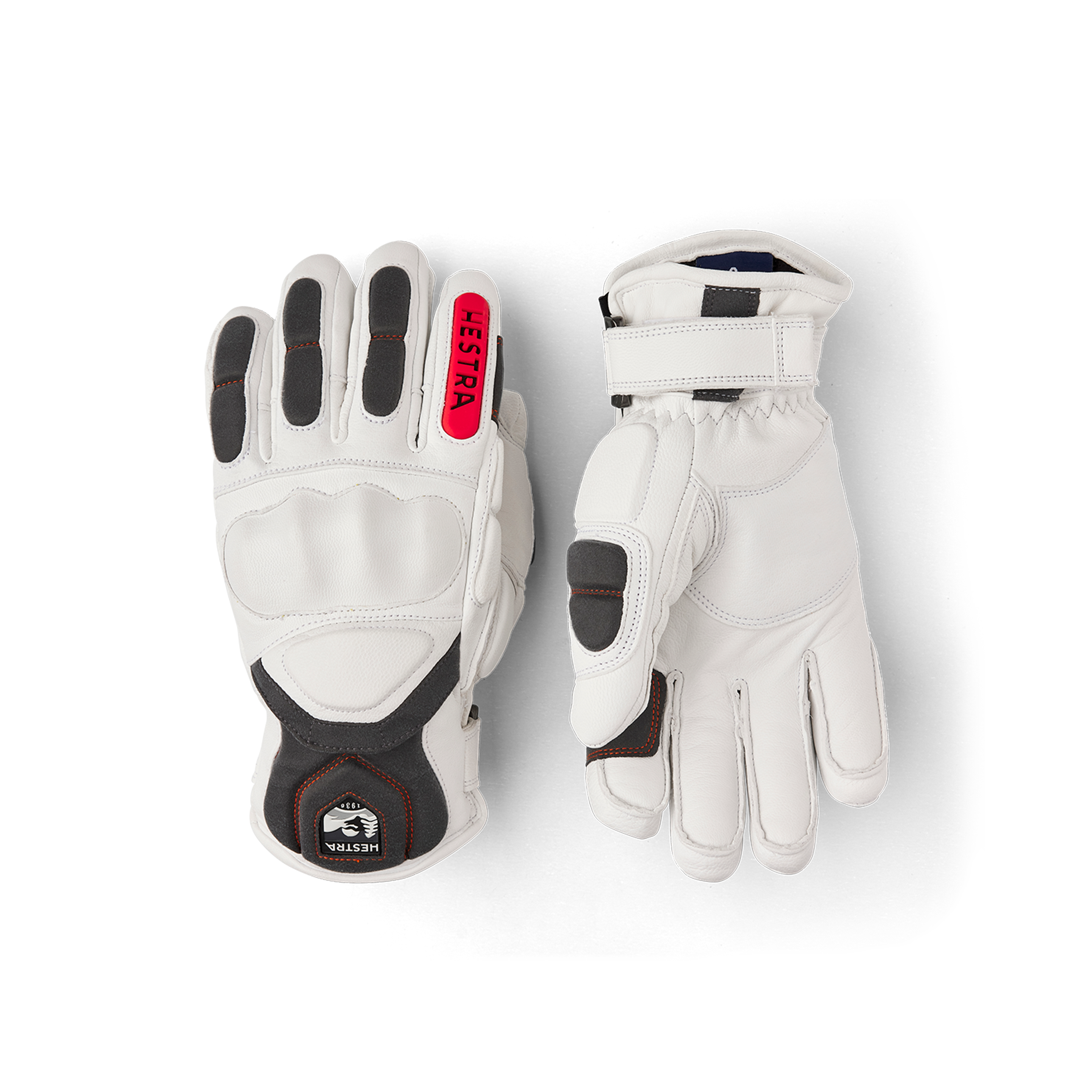 White ski glove with gray and red goat leather details and synthetic suede palm