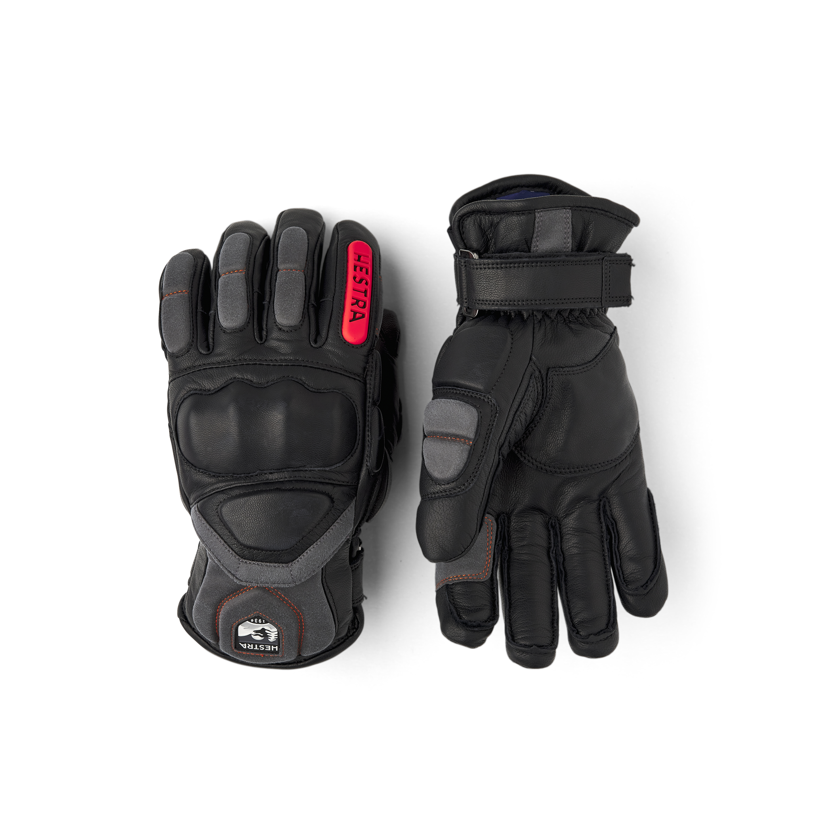 Black ski glove with gray and red goat leather details and synthetic suede palm