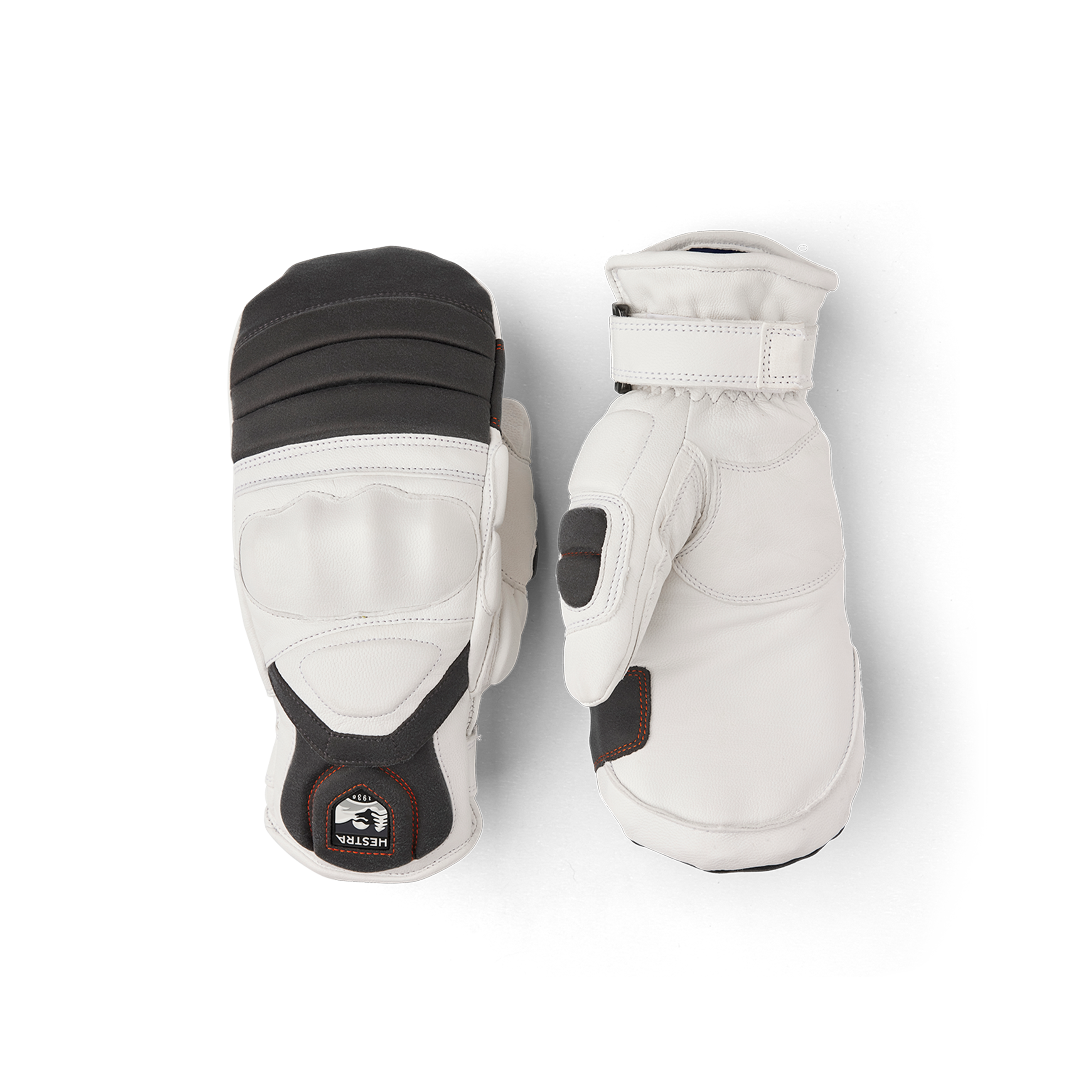 White mitten with gray and red goat leather details and synthetic suede palm