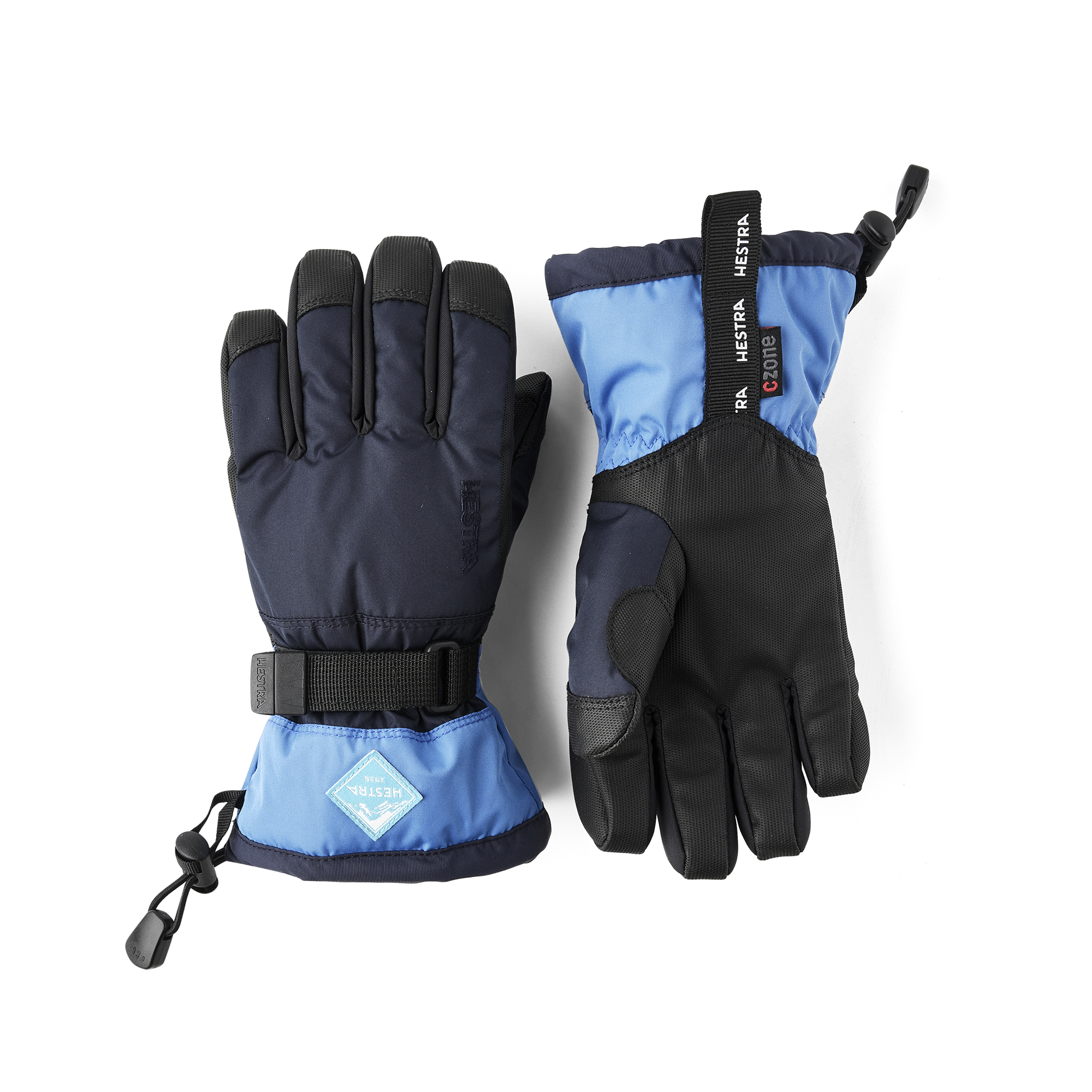 Blue children’s glove with black synthetic palm and wrist adjustment