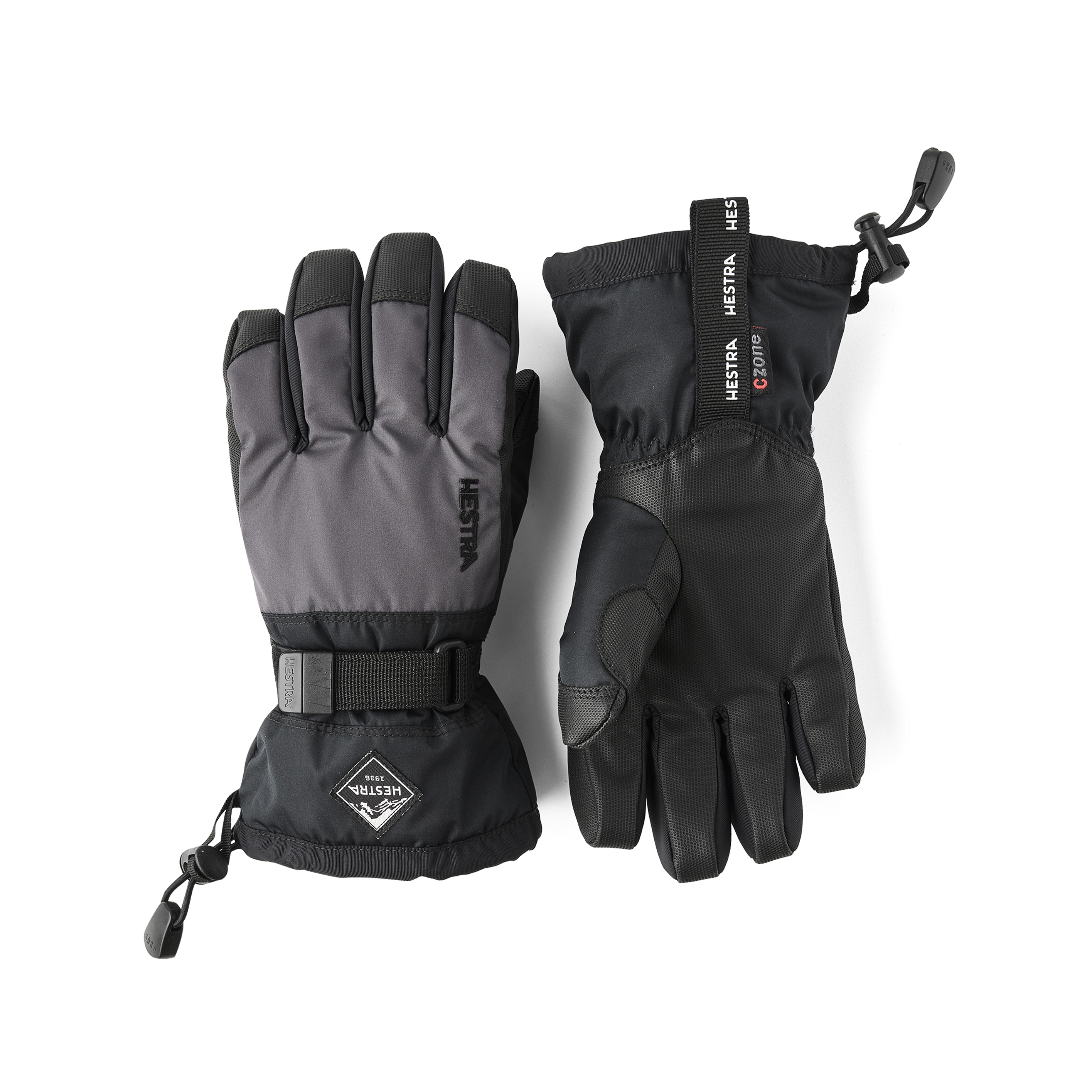 Orange and pink children’s glove with black synthetic palm and wrist adjustment