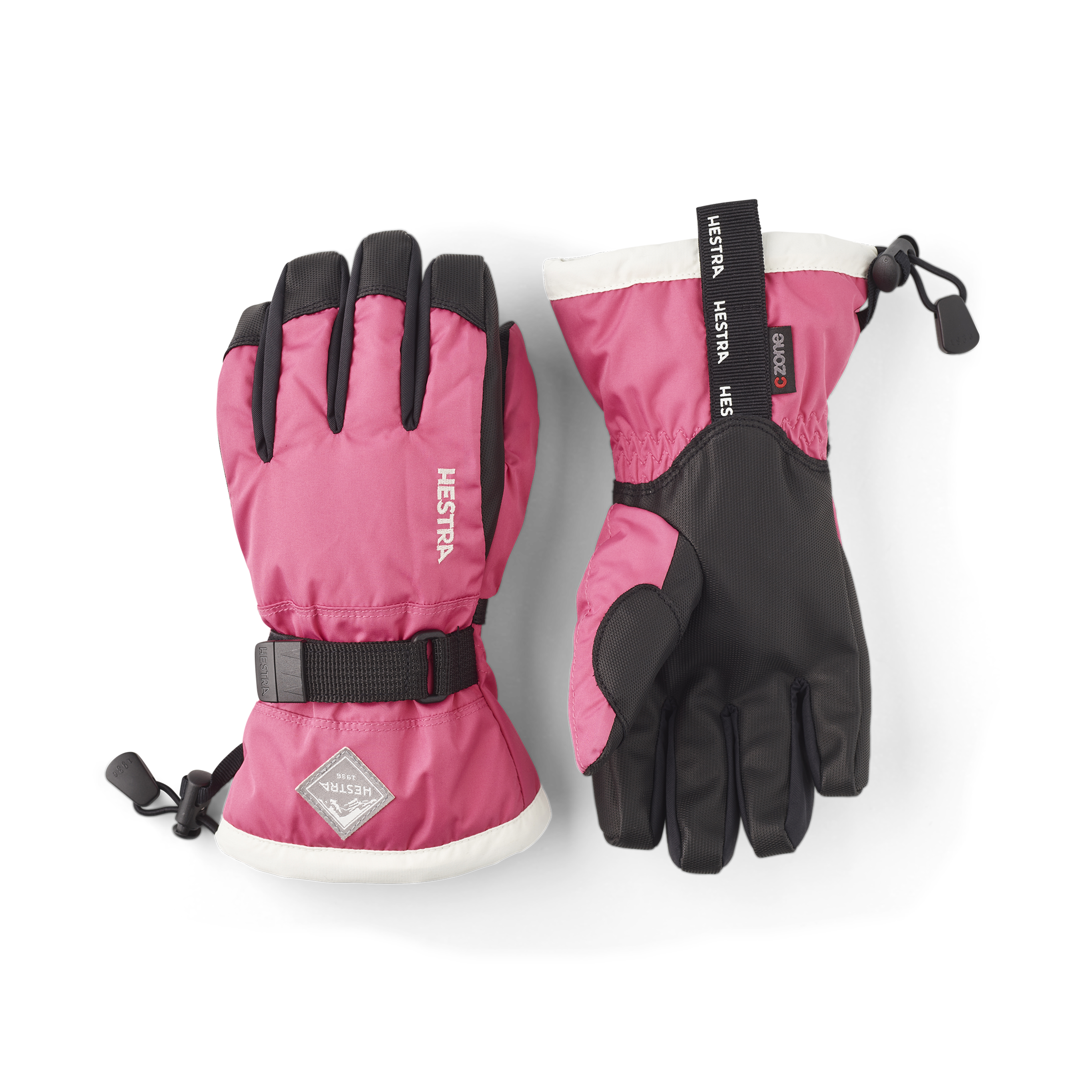 Orange and pink children’s glove with black synthetic palm and wrist adjustment