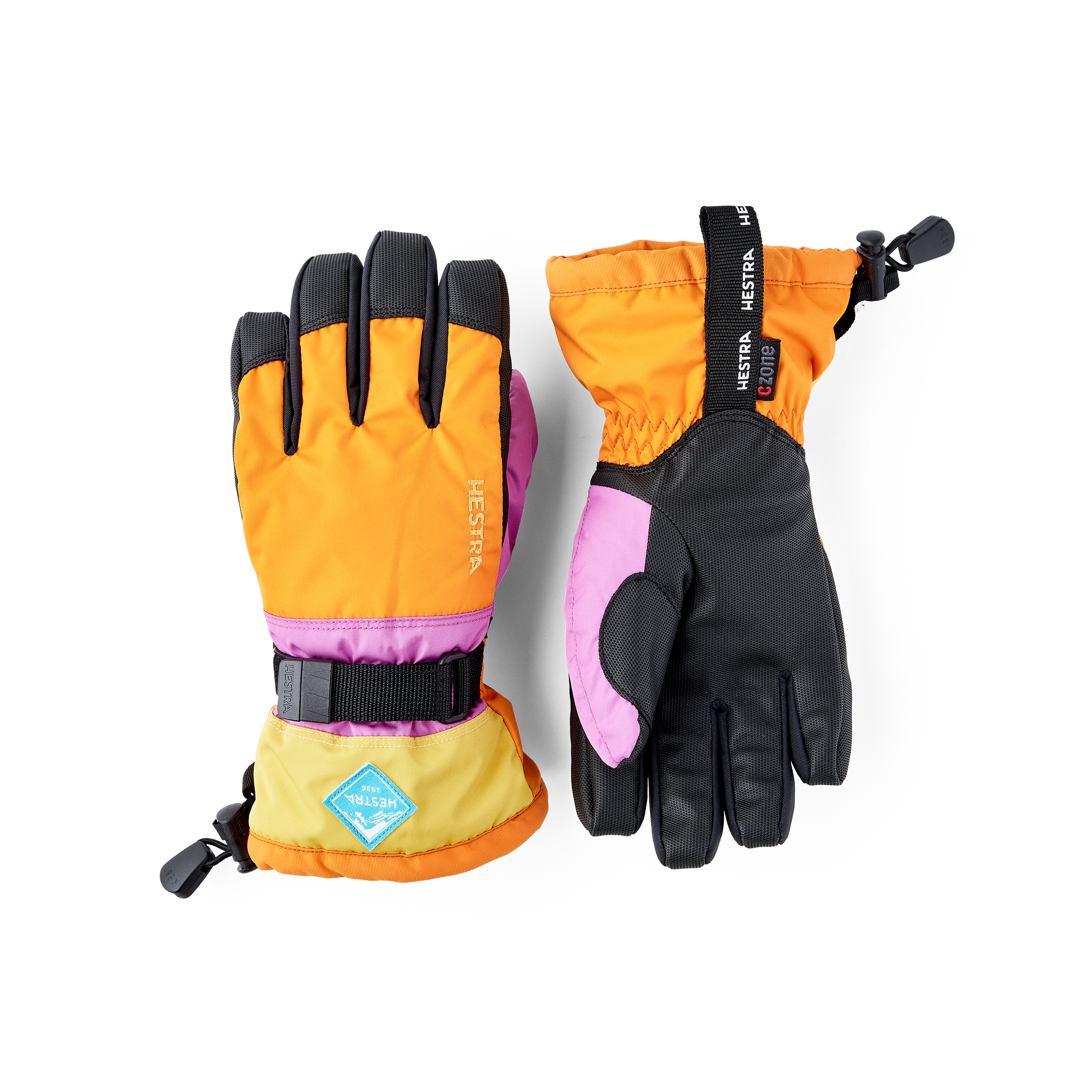 Orange and pink children’s glove with black synthetic palm and wrist adjustment