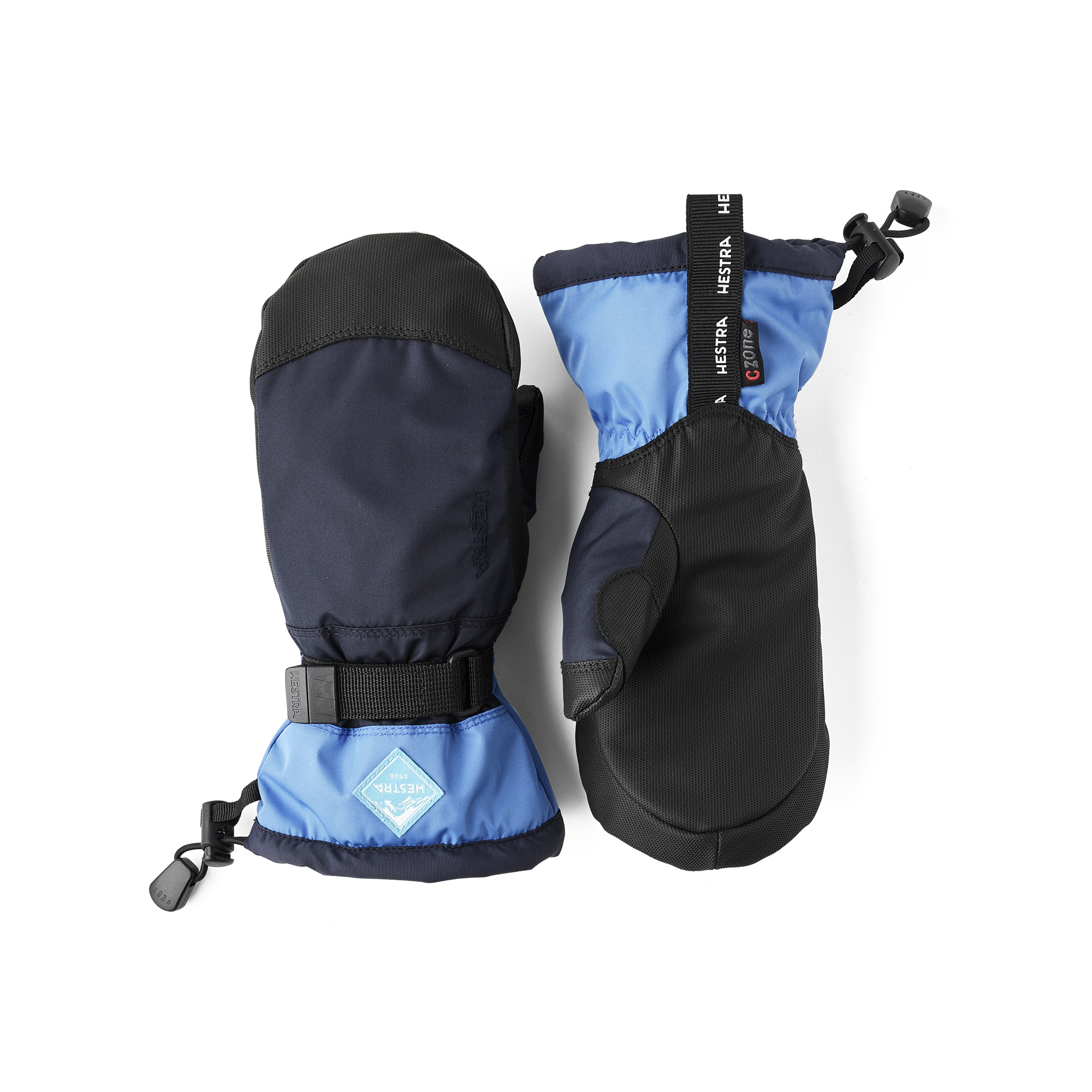 Blue mitten with black synthetic palm and wrist adjustment