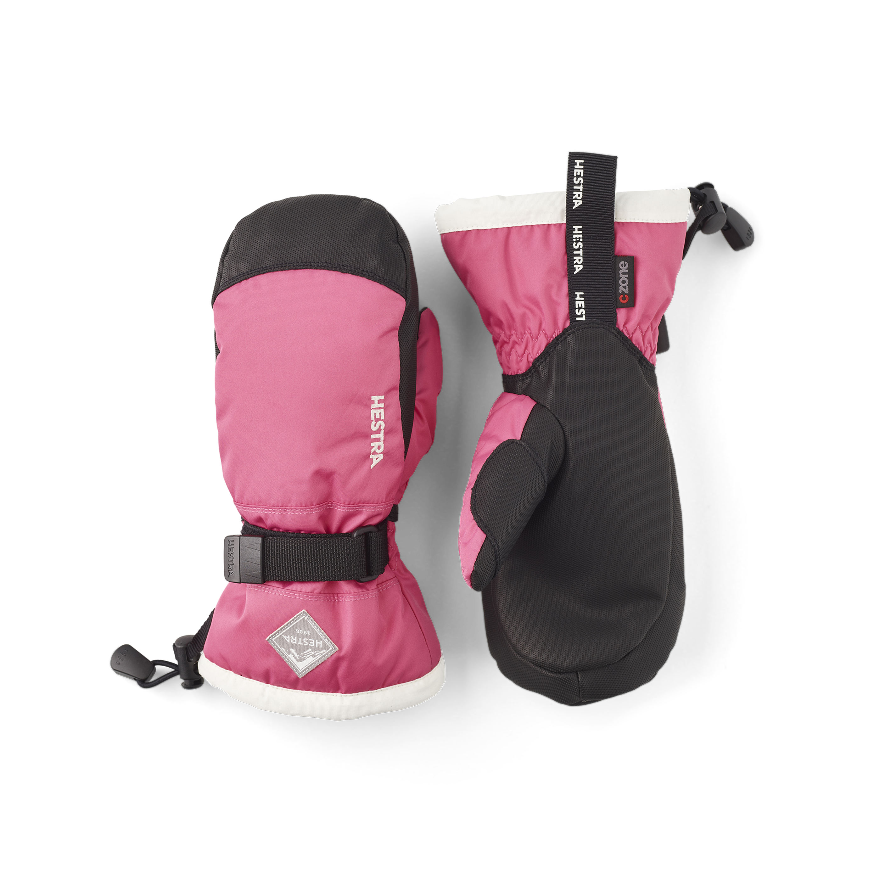 Orange and pink mitten with black synthetic palm and wrist adjustment