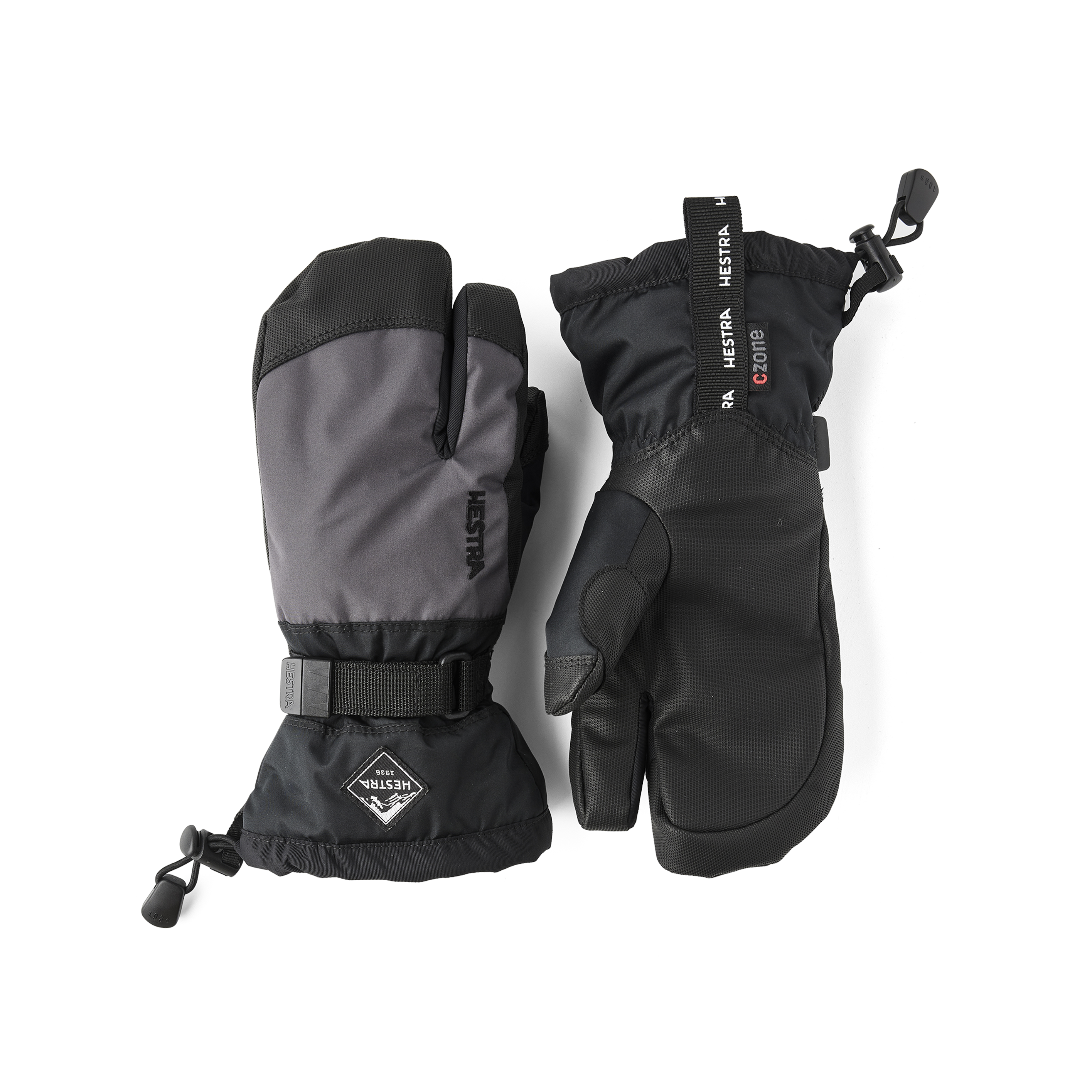 Orange and pink three finger glove with black synthetic palm and wrist adjustment