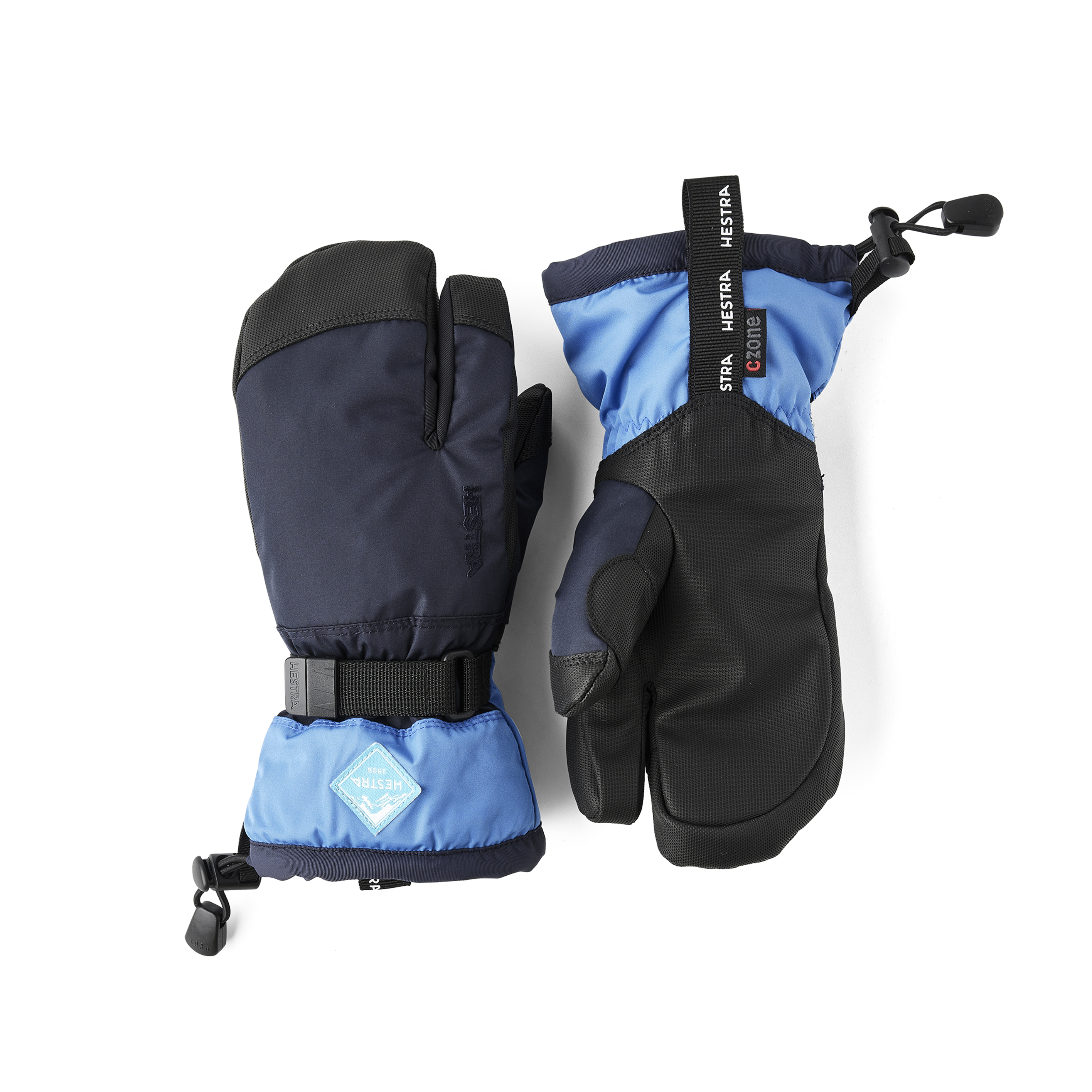 Blue three finger glove with black synthetic palm and wrist adjustment