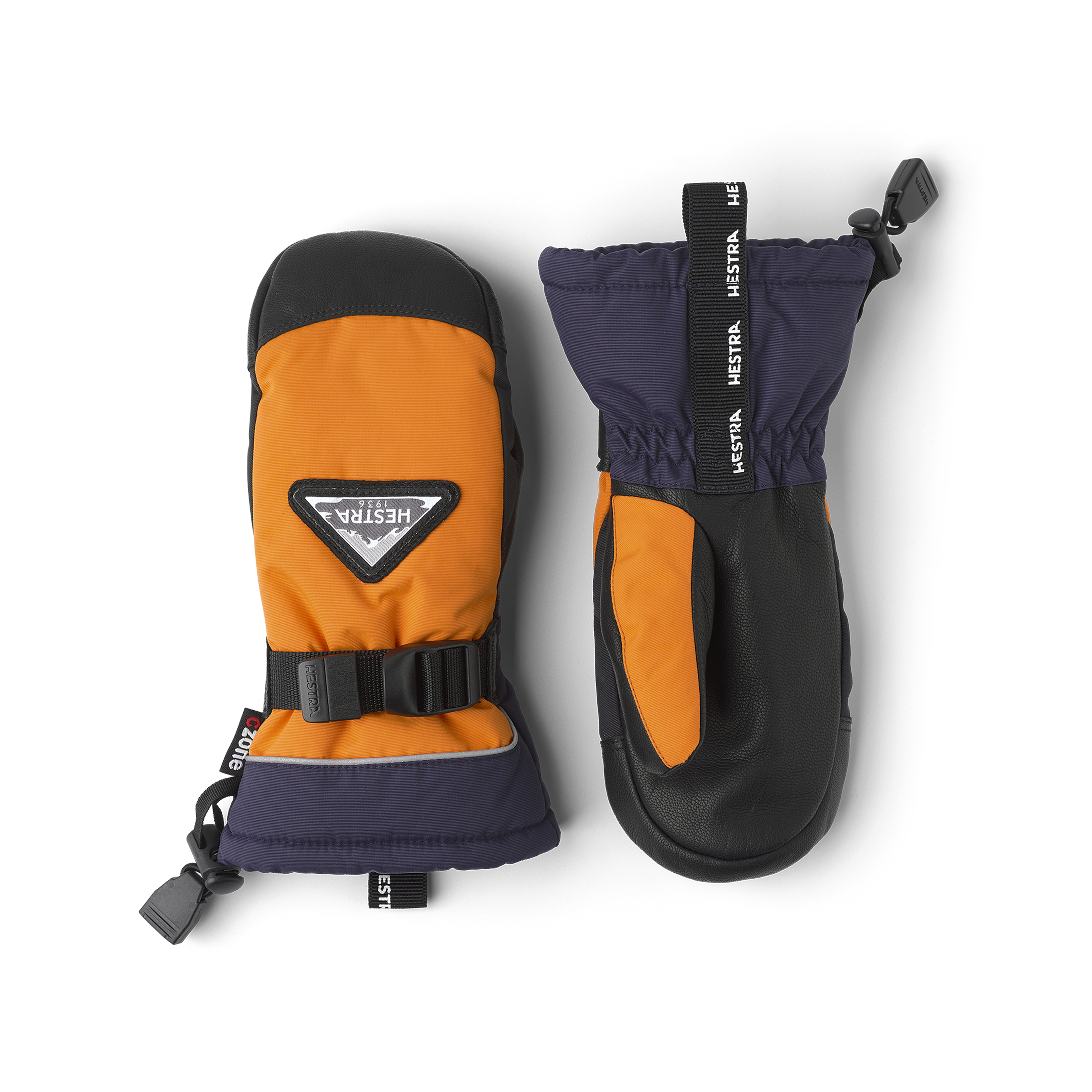 Orange mitten with black goat leather palm and wrist adjustment