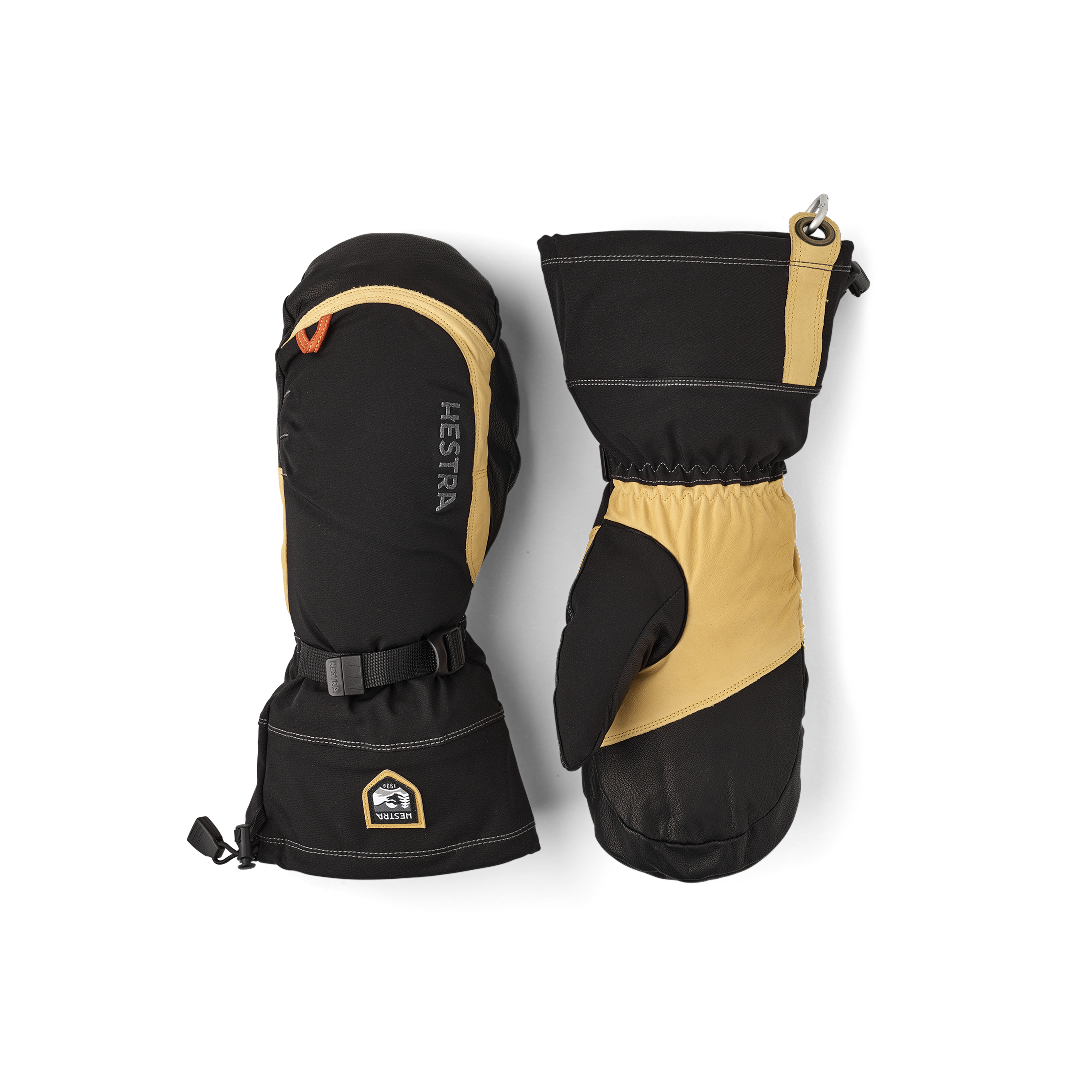 Black fabric and kangaroo leather mitten with light brown goat leather palm